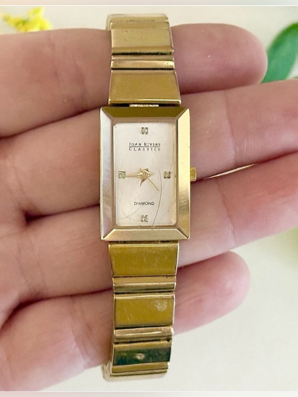 Vintage Joan Rivers Classics Rectangular Gold Mother of Pearl Diamond Watch